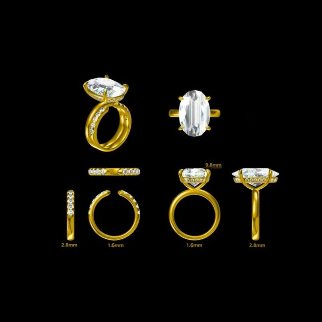 Custom ring design shown from multiple angles with setting measurements